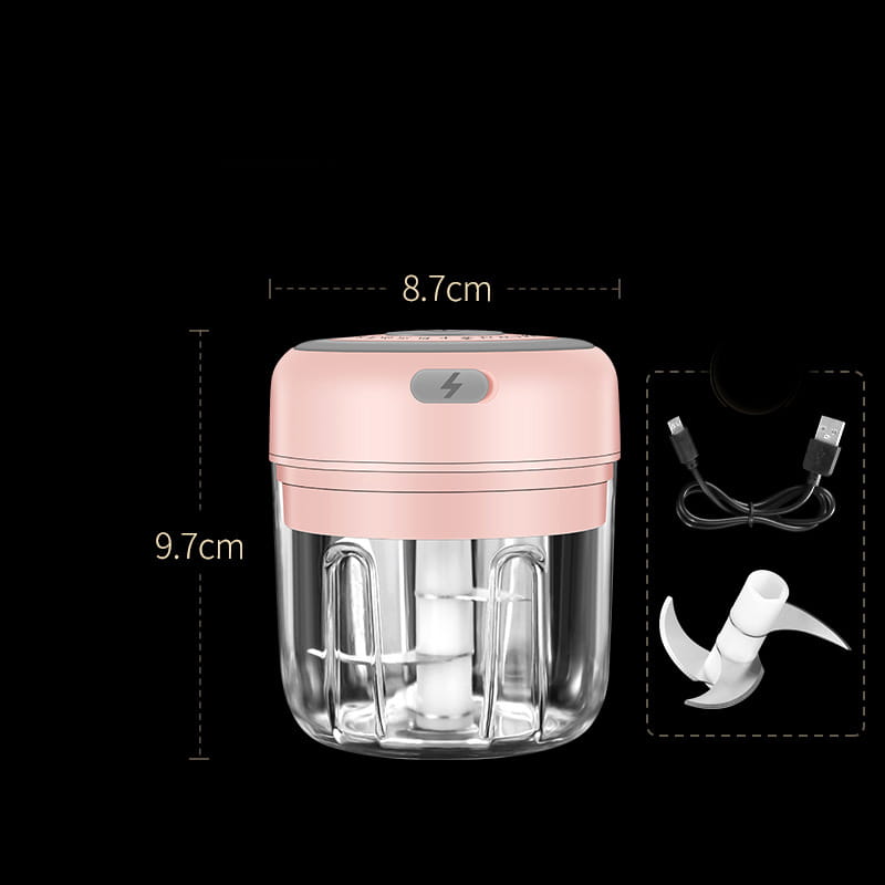 wireless mini baby pink and clear plastic electric food chopper with a white blade attachment designed for baby food supplement preparation