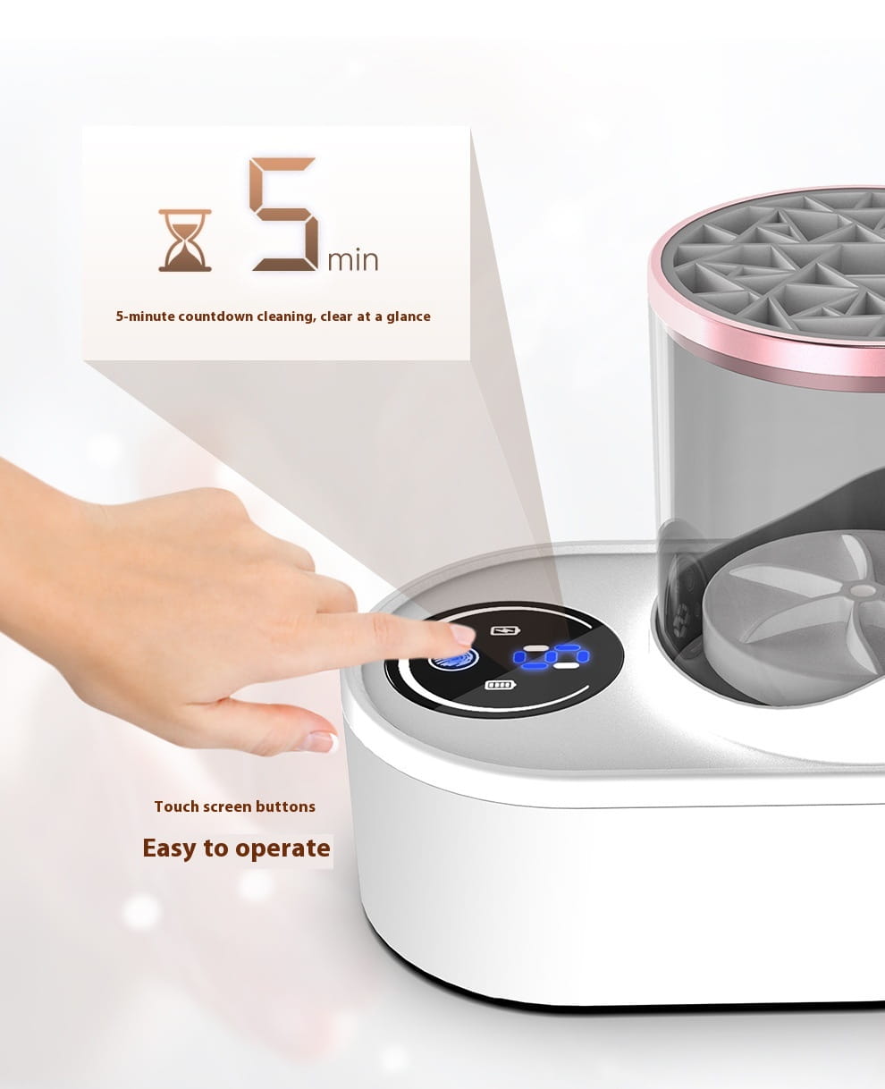 White and rose gold electric makeup brush cleaner with a transparent cylindrical tank, touch screen controls, blue illuminated buttons, and a digital timer for efficient brush cleaning.