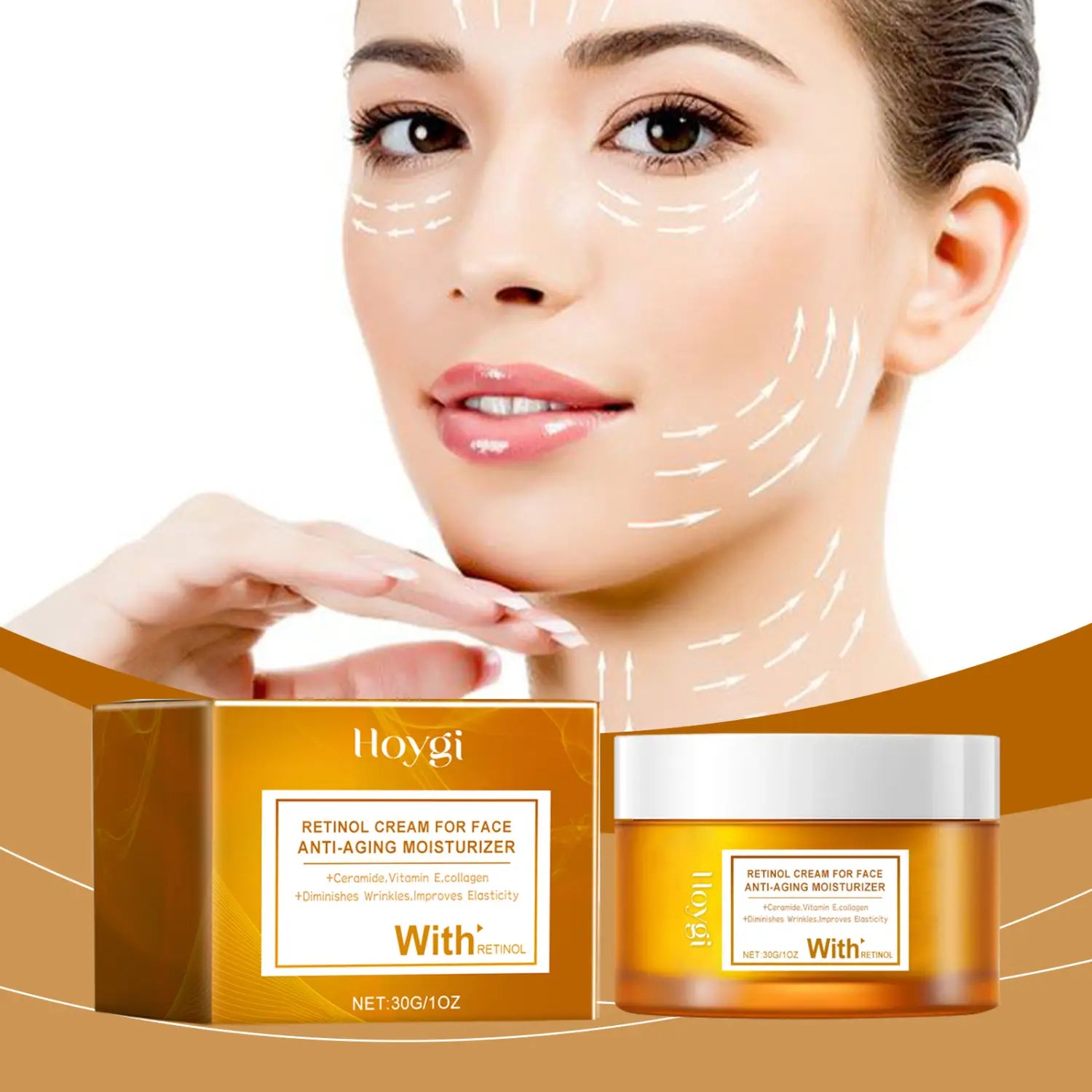 Hoygi retinol face anti-aging moisturizer hydrates and lightens lines in an amber glass jar with silver lid and matching gold box.