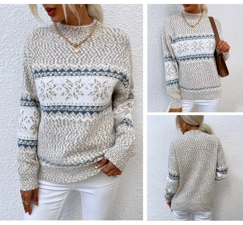 A cozy textured knit winter snowflake sweater in soft beige and white with intricate gray nordic-inspired patterns and a half turtleneck design for sweater fashion half.