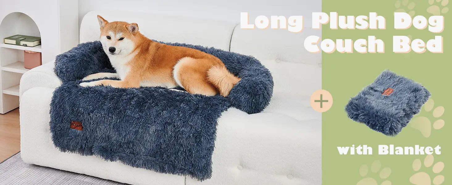 Deep blue fluffy plush dog couch bed with matching blanket designed as a comfortable couch bed mat for pets.