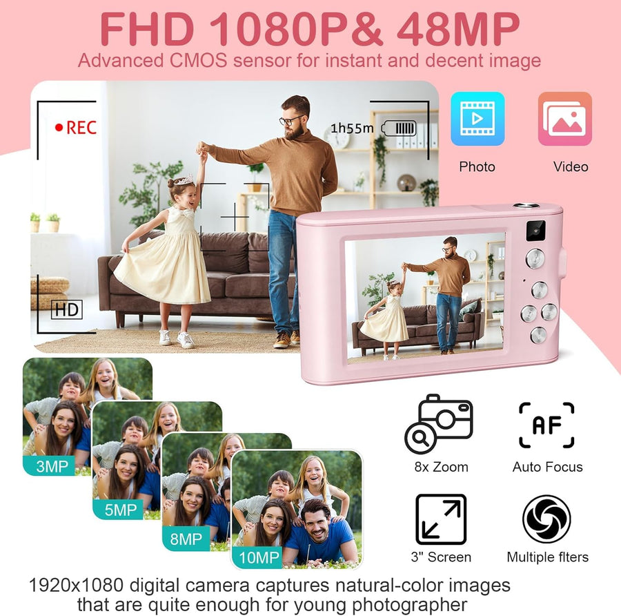 Kids Digital Camera 48MP 1080P with 32GB SD Card - Pink Christmas & Birthday Gift for Girls