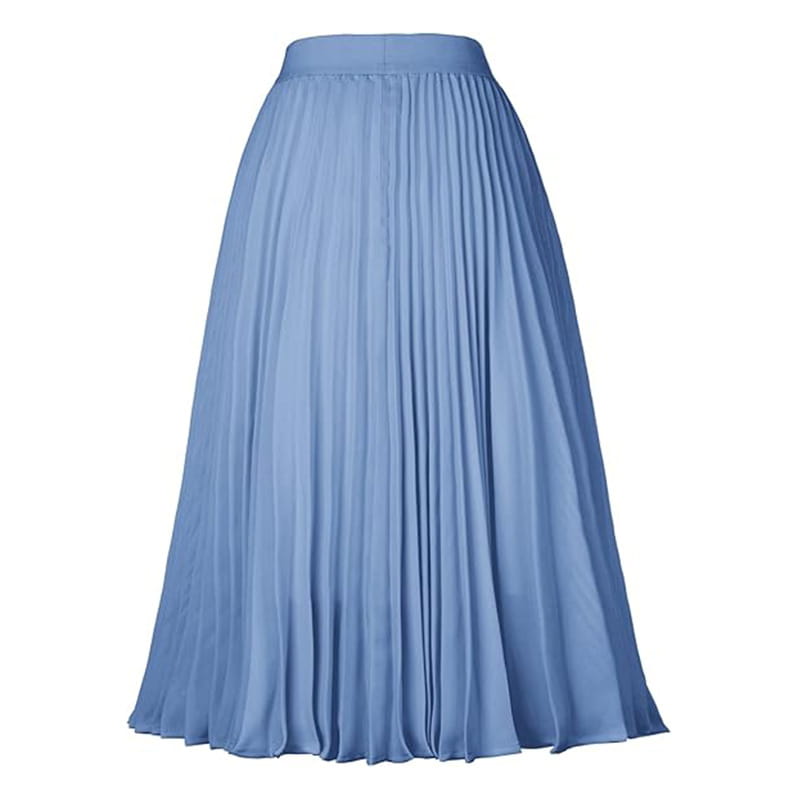 Light blue pleated midi swing casual skirt with smooth flowing fabric and fitted waistband designed for large swing styling.