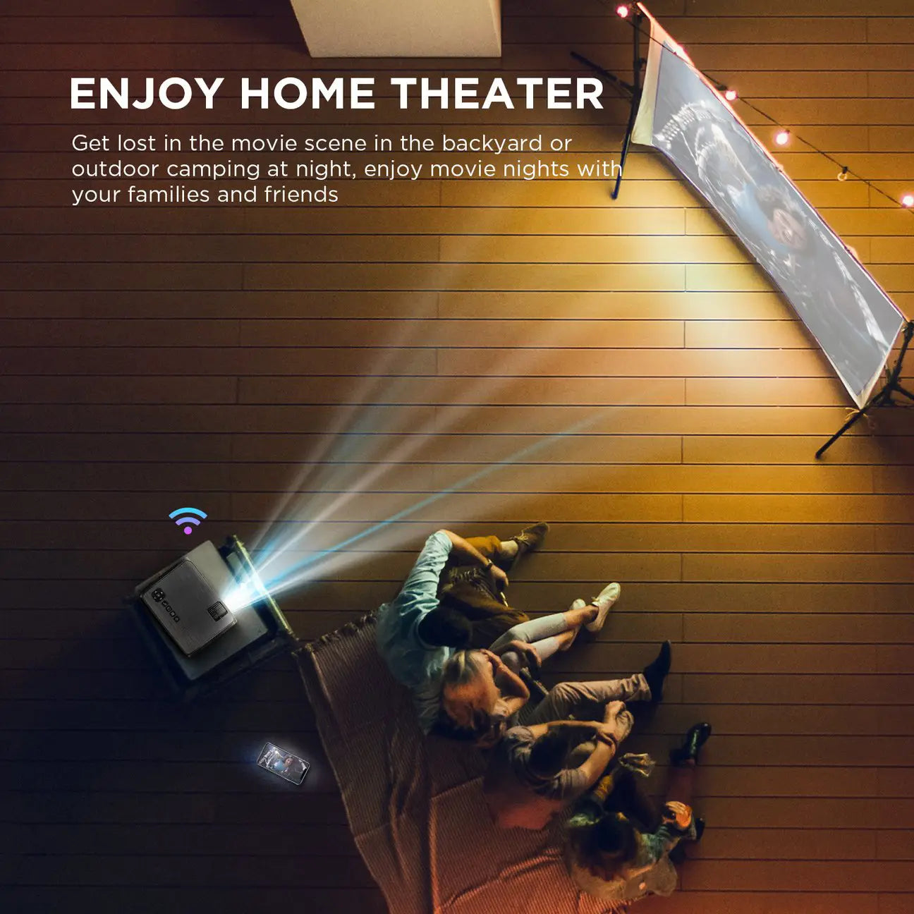 white compact screen projector home with blue wi-fi indicator light for high definition display