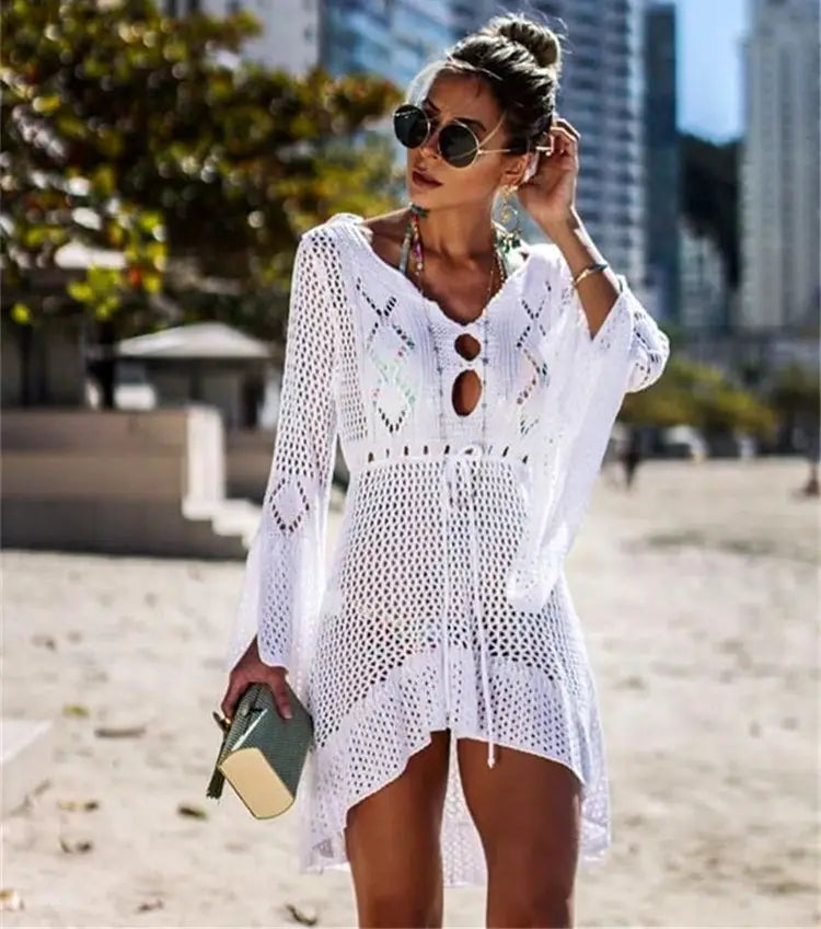 white crochet women swimsuit cover up dress featuring openwork diamond patterns and tie-front detail for bikini women swimsuit use