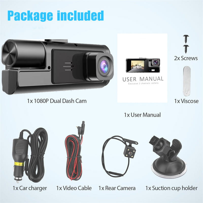 black 1080p dual lens dash cam video recorder with a sleek cylindrical body and prominent front lens for vehicle surveillance.