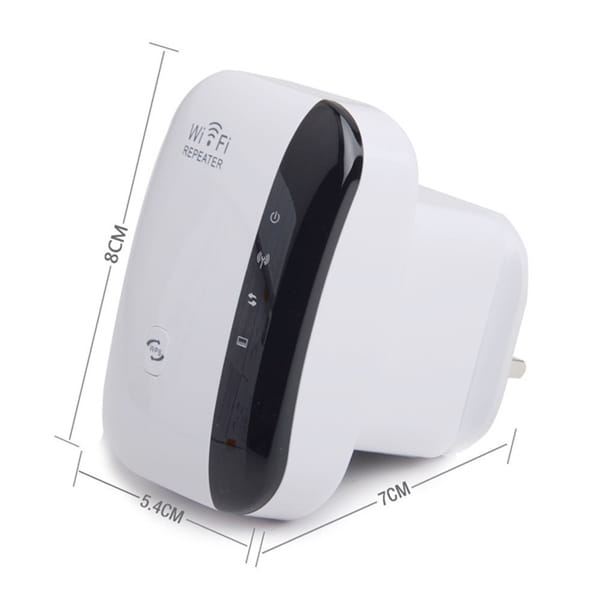 White and black 300m wifi repeater wireless network extender with a sleek compact design featuring front panel indicator lights