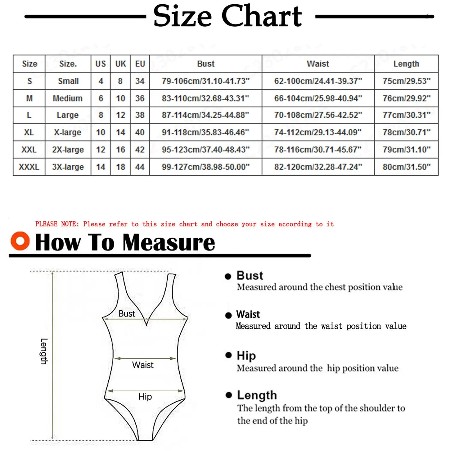 Size chart for a women’s solid color printing bikini ruffled romper swimwear one-piece swimsuit showing measurements in inches and centimeters for sizes S to XXXL.