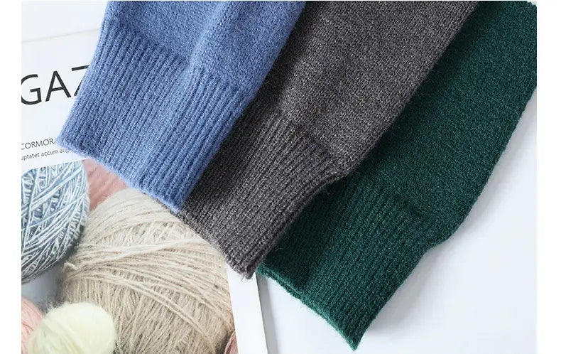 three knitted sweater cuffs in soft blue charcoal gray and deep green showcase the ins colorblock pullover sweater perfect for winter fashion and warmth.