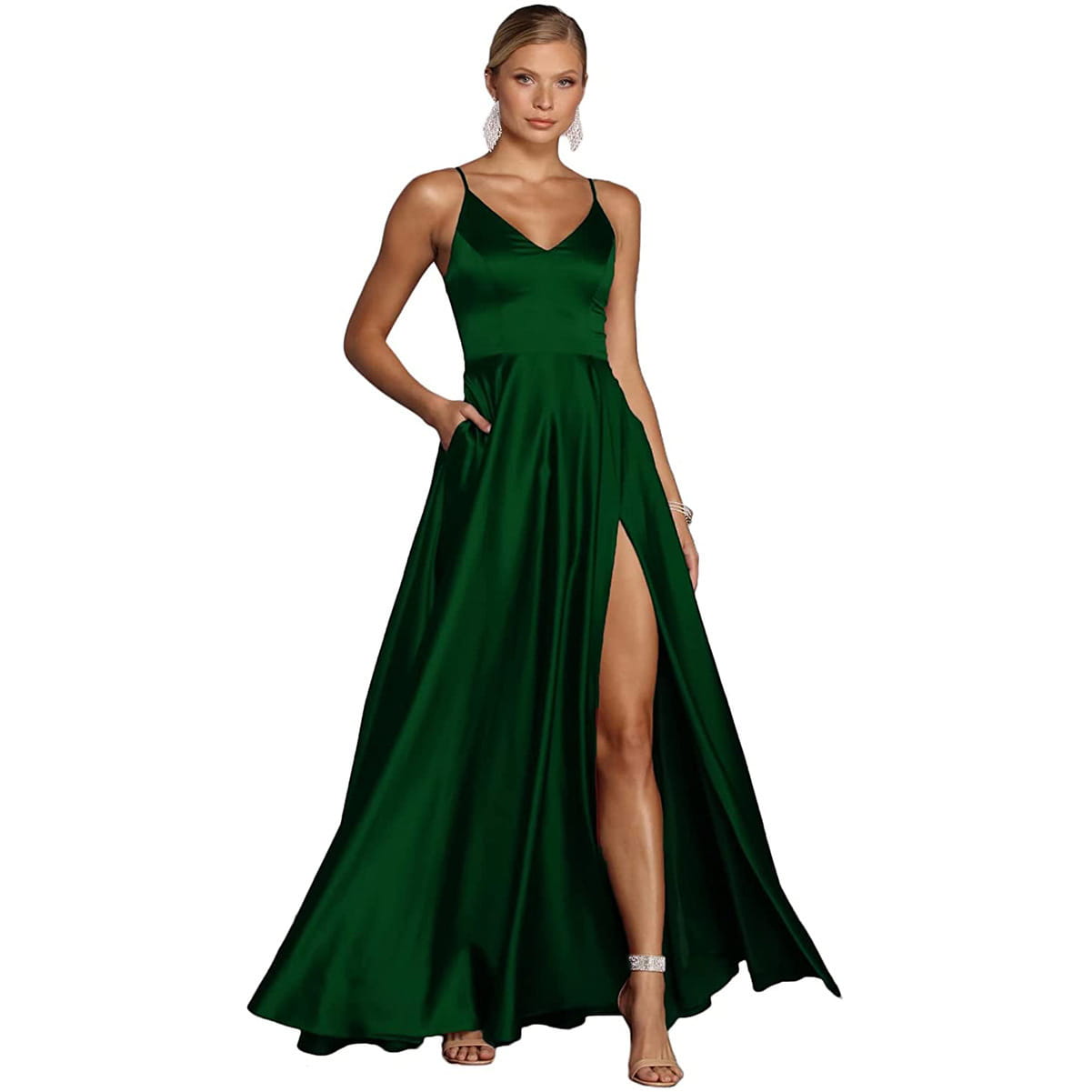 A sleek emerald green satin temperament long dress featuring a v-neckline and high slit for versatile casual temperament wear.