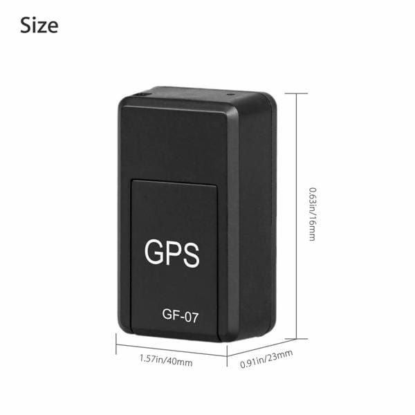 black rectangular magnetic gf07 mini gps real time tracker with gps and gf-07 printed in white on its front face