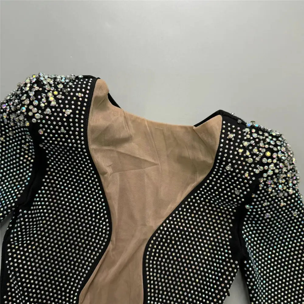 black sequined sexy rhinestone bandage long sleeve mini dress with sparkling rhinestone embellishments and a sheer beige underlayer ideal for dress cross border foreign markets