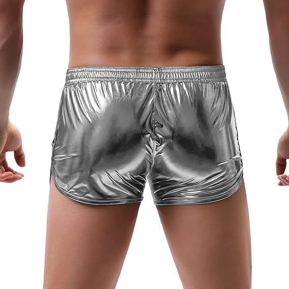 emerald metallic mens loose casual silver shorts made of shiny silver metallic fabric with a stretchy elastic waistband for casual trendy wear