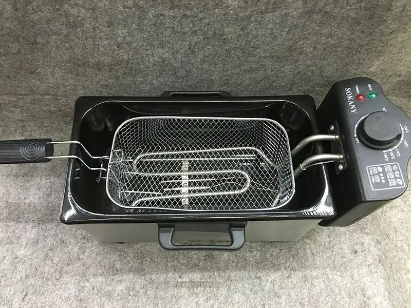 Black sonyny 3l electric french fries fryer featuring a stainless steel mesh basket and a temperature control dial for precise cooking of french fries.