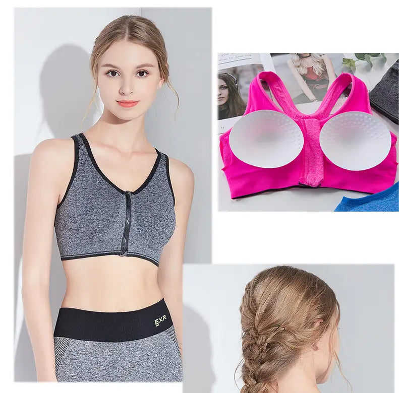 gray textured zipper sports bra in gray and black with a front zipper closure designed for athletic use
