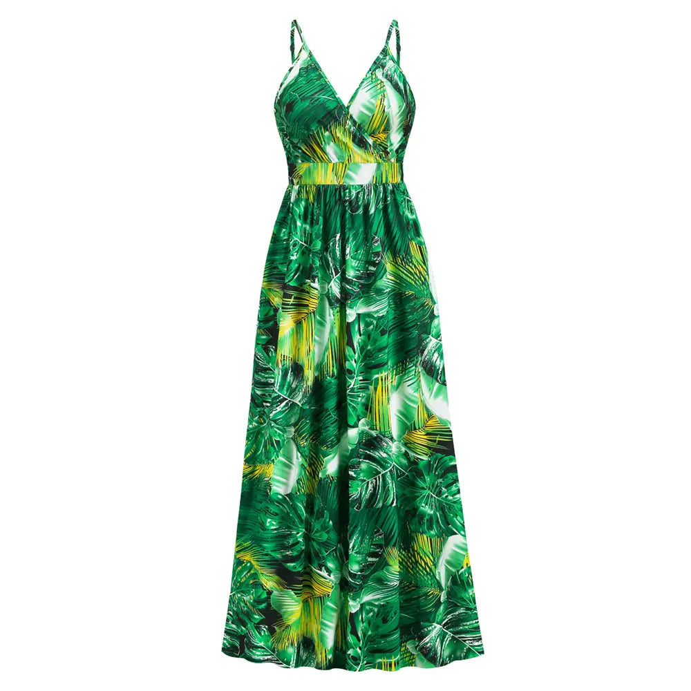 A vibrant green and yellow tropical leaf print flowers long dress summer with thin spaghetti straps and a fitted waistband ideal for dress summer swing occasions.