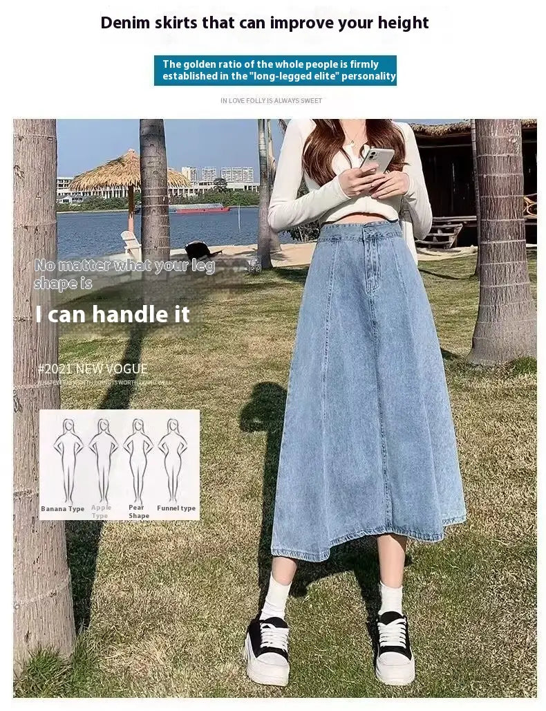 Light-wash denim skirt women’s mid-length with a high waist and flared silhouette made from denim fabric.