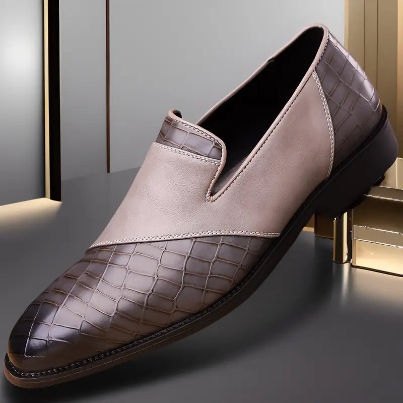 plus size british business dress leather shoes featuring a sophisticated slip-on design with light taupe leather upper and dark gray crocodile-embossed leather toe cap accented by precise stitching for a refined business dress leather look.