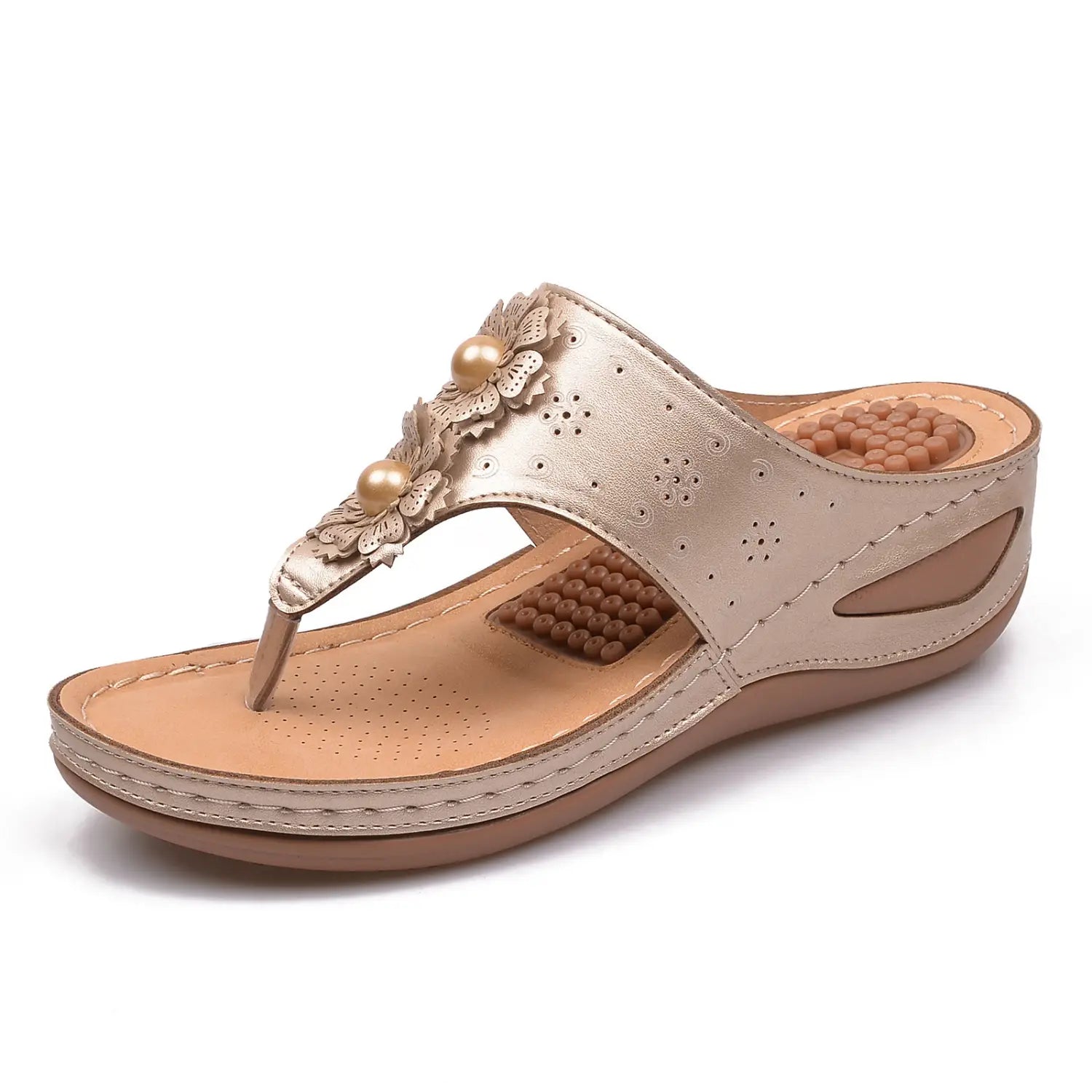 Beige floral large size lightweight thong sandal made of gold-toned leather with floral embellishments and pearl accents.