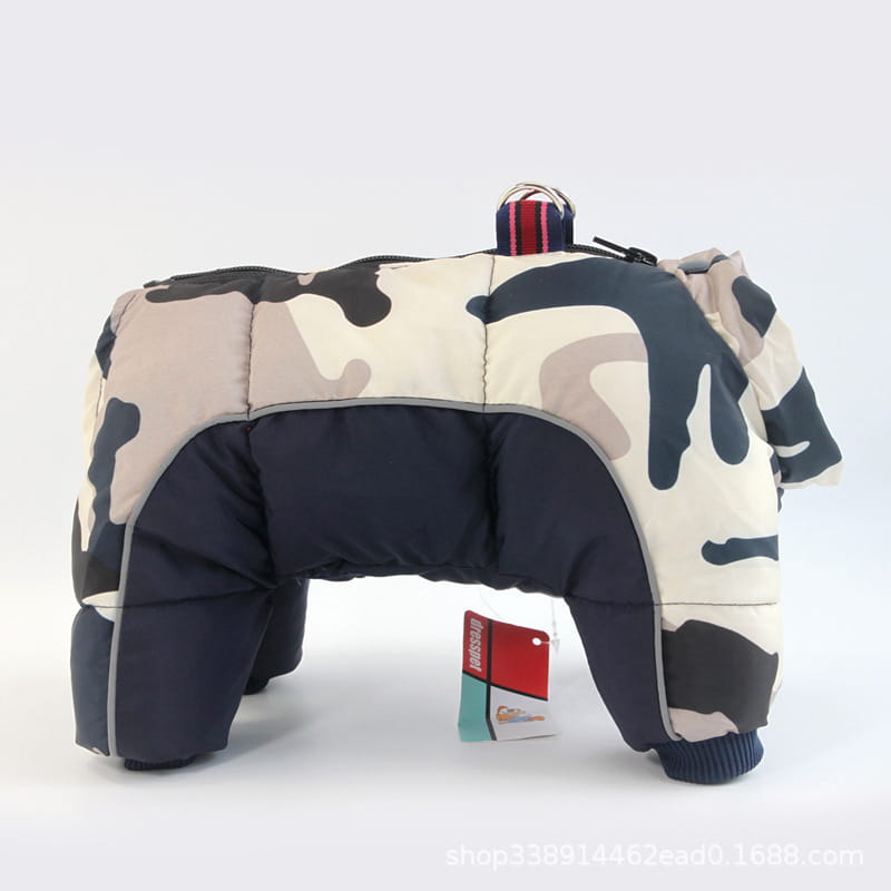 Quilted orange and white pet dog winter clothes featuring a camouflage-patterned puffer coat with navy blue accents and a striped fabric handle designed for pet dog winter protection.