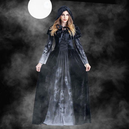 Halloween Women Medieval Gothic Witch Maleficent Horror Scary Cosplay Costume Carnival Party Ghost Long Black Hooded Dress - Royalessencelux