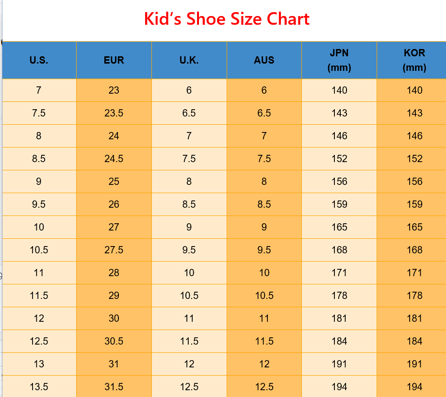 kid’s shoe size chart with orange and blue gradient columns showing u.s eur uk aus jpn mm and kor mm measurements for beaded black fish mouth princess student sandals korean version.