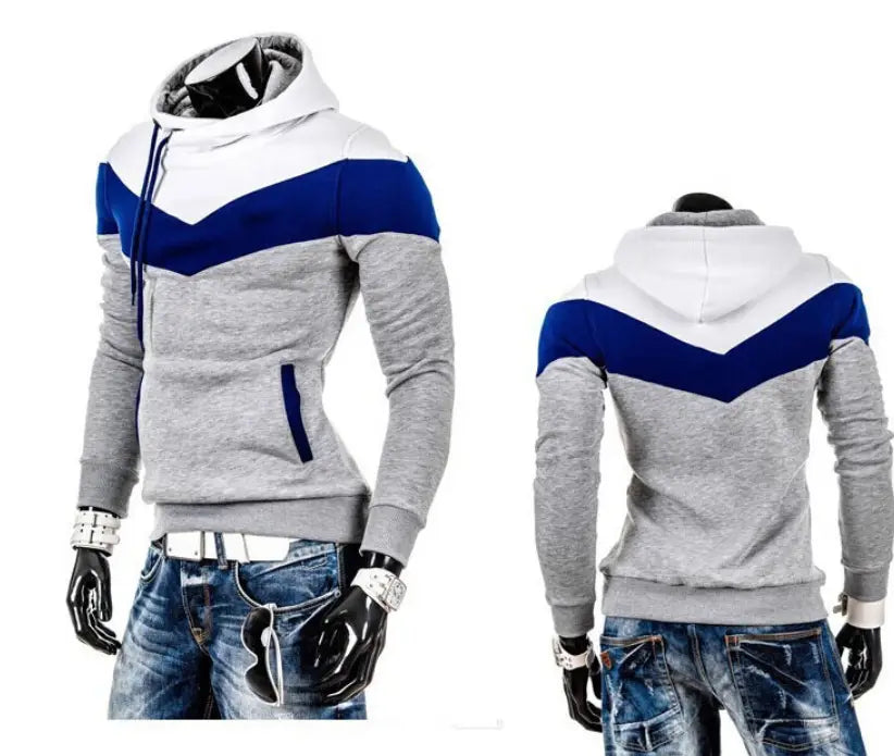 gray and blue color block men’s winter autumn designer hoodie with white hood lining and ribbed cuffs and hem.