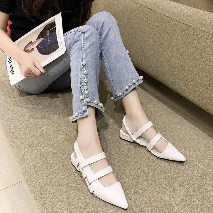 white pointed-toe sandals with multiple straps and a low block heel showcasing a temperament foreign style design from the style single shoes collection
