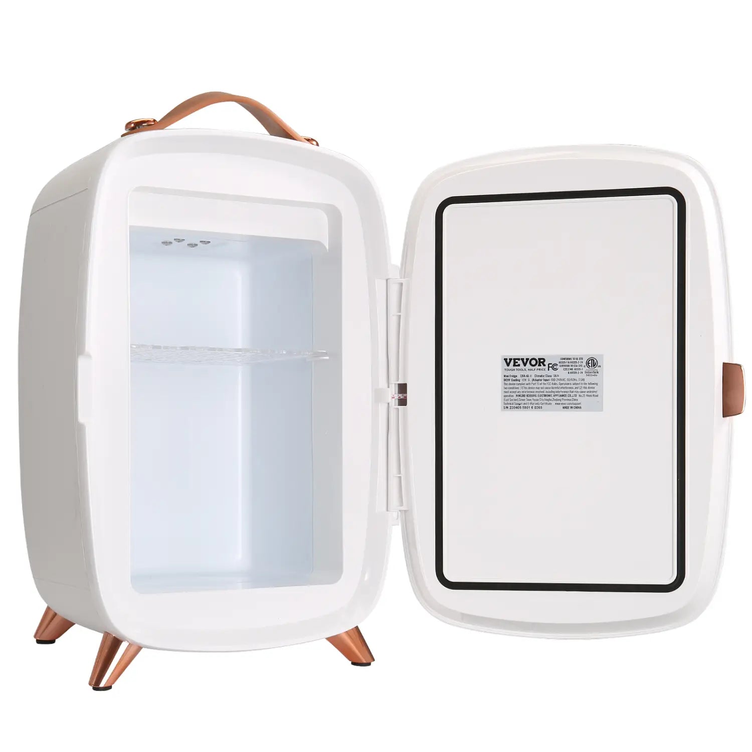 White vevor mini fridge with rose gold accents and a leather handle designed as a luxury skin care 6L mini fridge with mirror for skin care fridges.