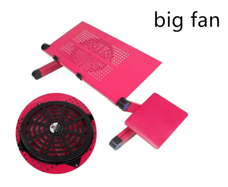 pink adjustable folding ergonomic laptop table stand with built-in fan and perforated surface for improved ventilation and mouse pad functionality