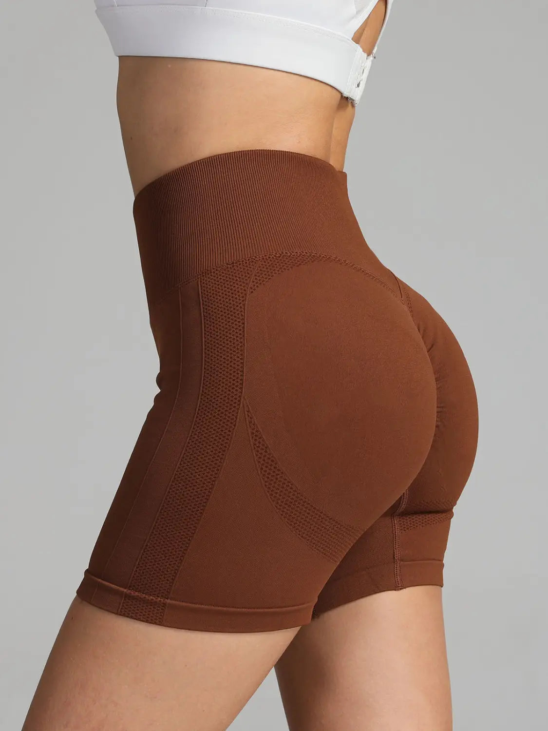 brown high-waisted solid color seamless yoga shorts women with ribbed texture and mesh paneling