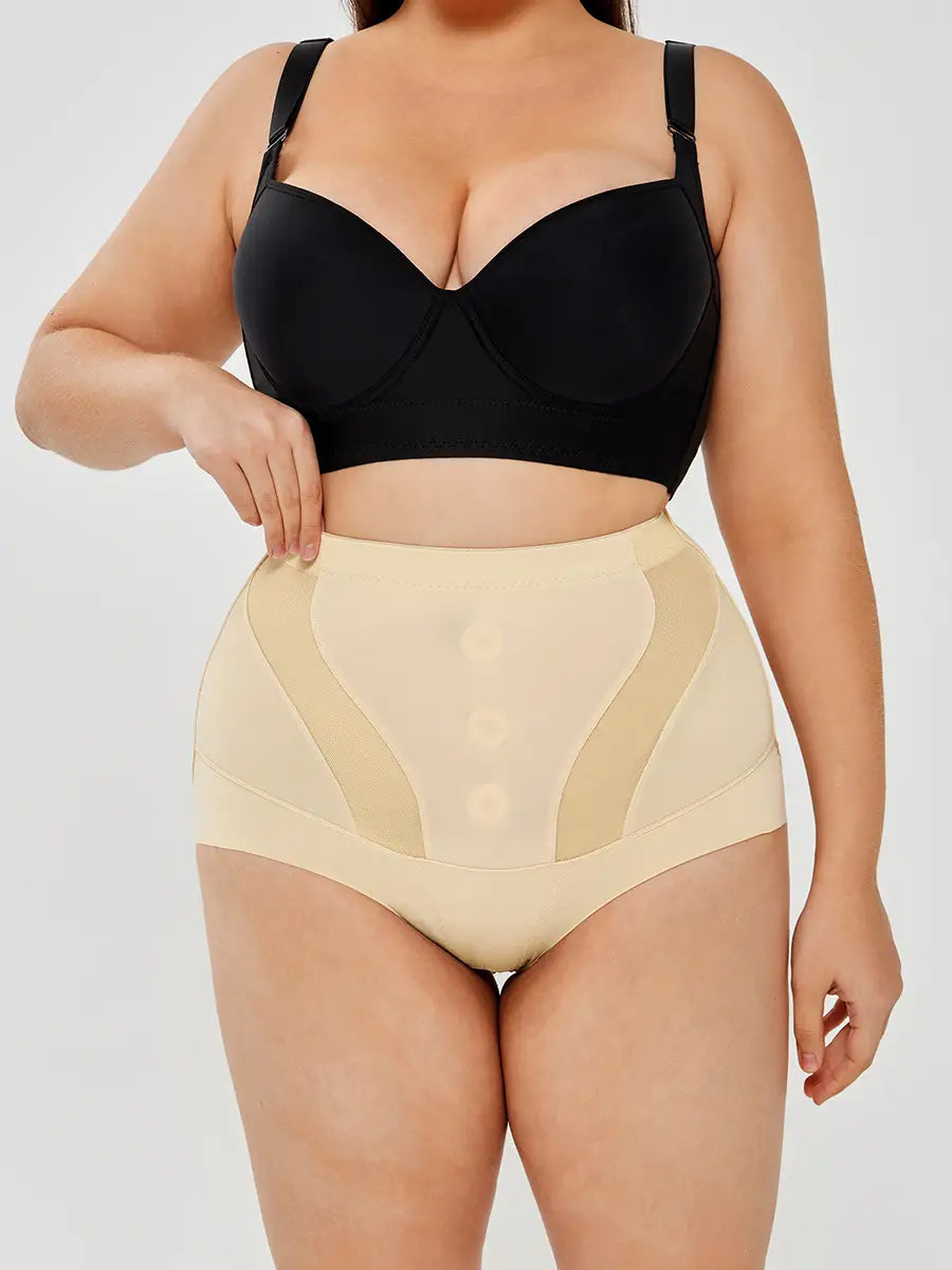 Beige womens tummy control high waist shapewear briefs with sheer mesh panels and a smooth, form-fitting design.