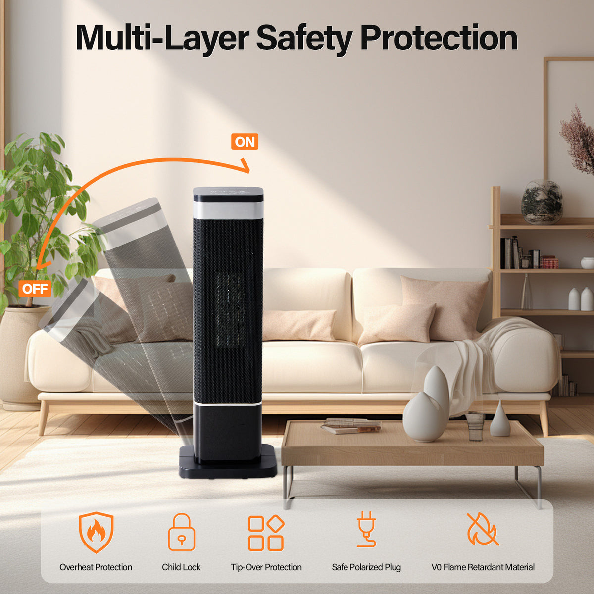 1500W Oscillating Space Heater with 7-Color Ambient Light, Thermostat, Timer & Tip-Over Protection