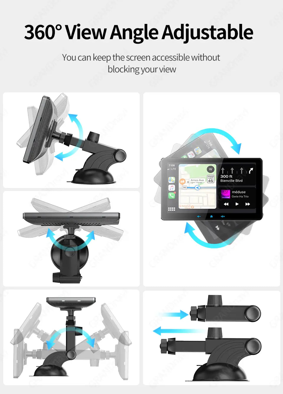 black 360-degree adjustable car mount with suction cup base and rotating arm for flexible screen positioning compatible with 7 inch wireless carplay display powered by cigarette lighter