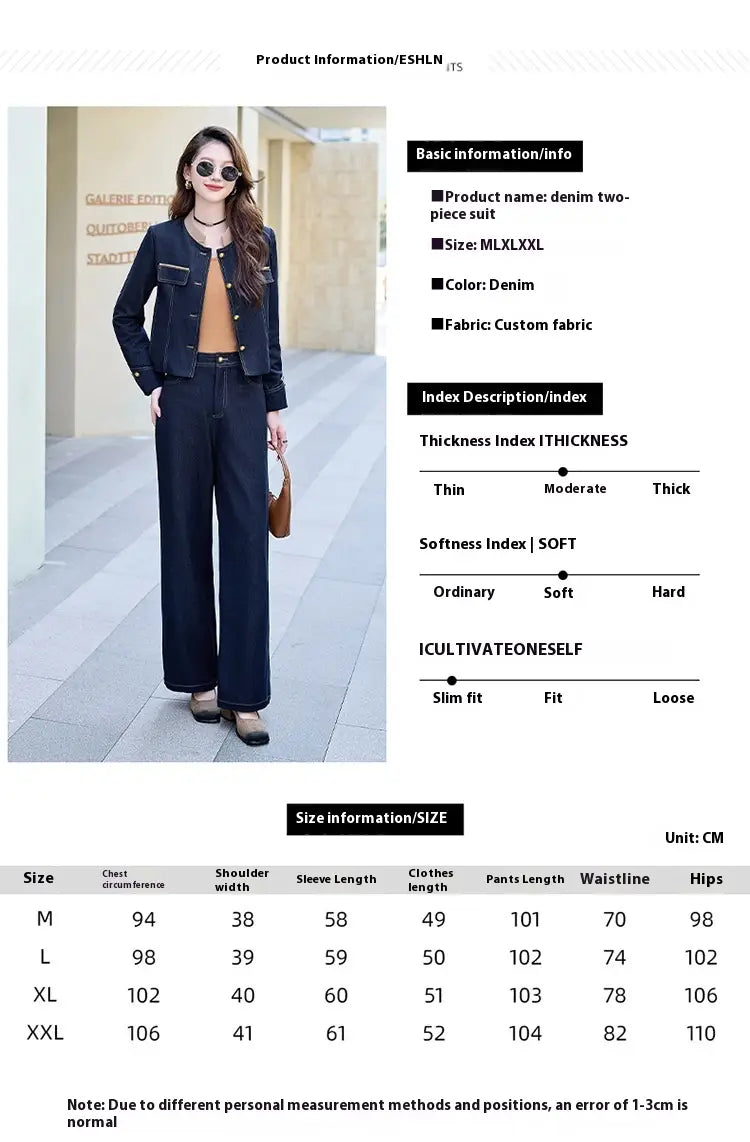 denim two-piece suit consisting of a tailored jacket and wide-leg pants in classic blue denim fabric showcasing elegance retro casual style and perfect as a casual denim jacket and pants set