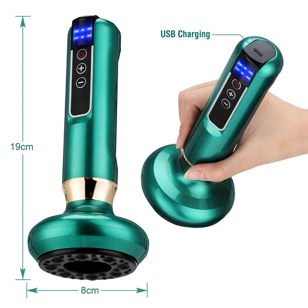 Teal metallic electric vacuum cupping massager and gua sha device with a gold accent band and blue led lights on the control panel.