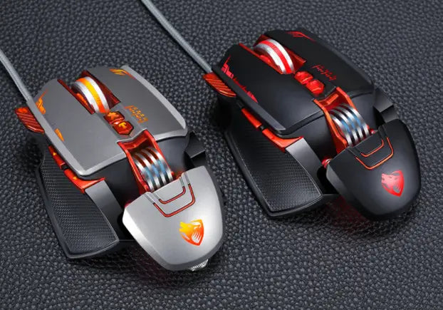 Two thunder wolf v9 gaming mice featuring multiple buttons and textured grips with one in silver and black with orange accents and the other in all black with red lighting designed for precision gaming.