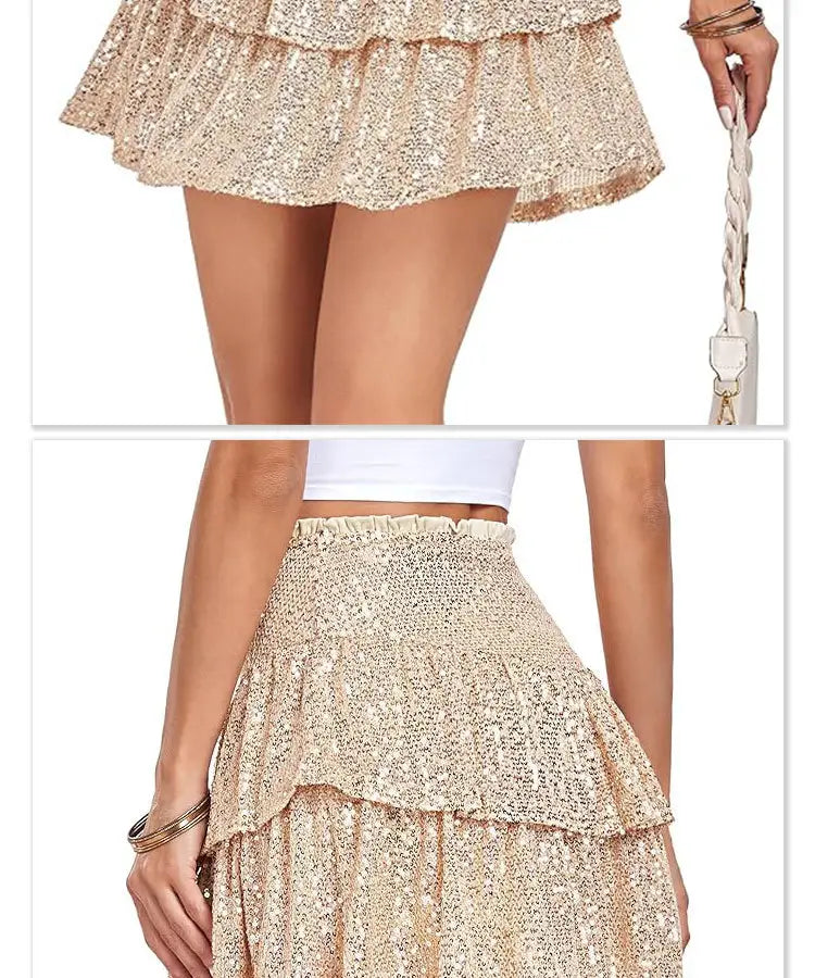 red two tiered sequin dance skirt in shimmering gold with a ruffled hem and elastic waistband ideal for performance sequin dance events.
