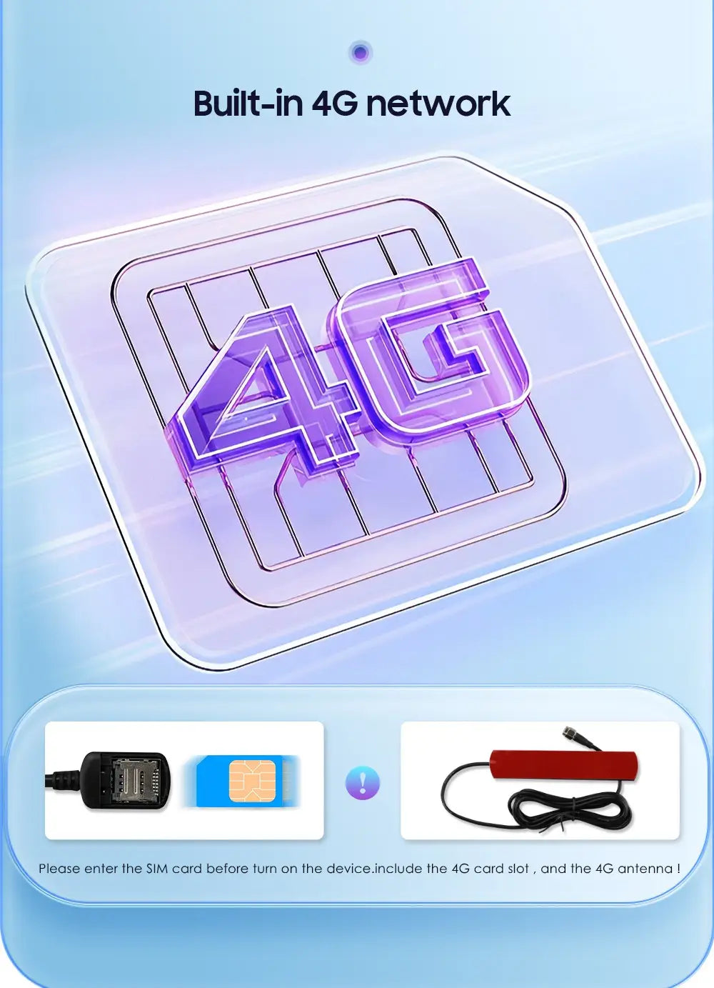 purple 3d-rendered 4g logo on a transparent rectangular panel with grid lines highlighting the 10.1 inch android car navigation wifi 4glte version carplay product feature
