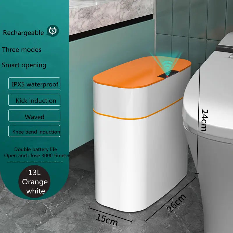 white and orange smart trash can with a sleek modern design for living room kitchen use