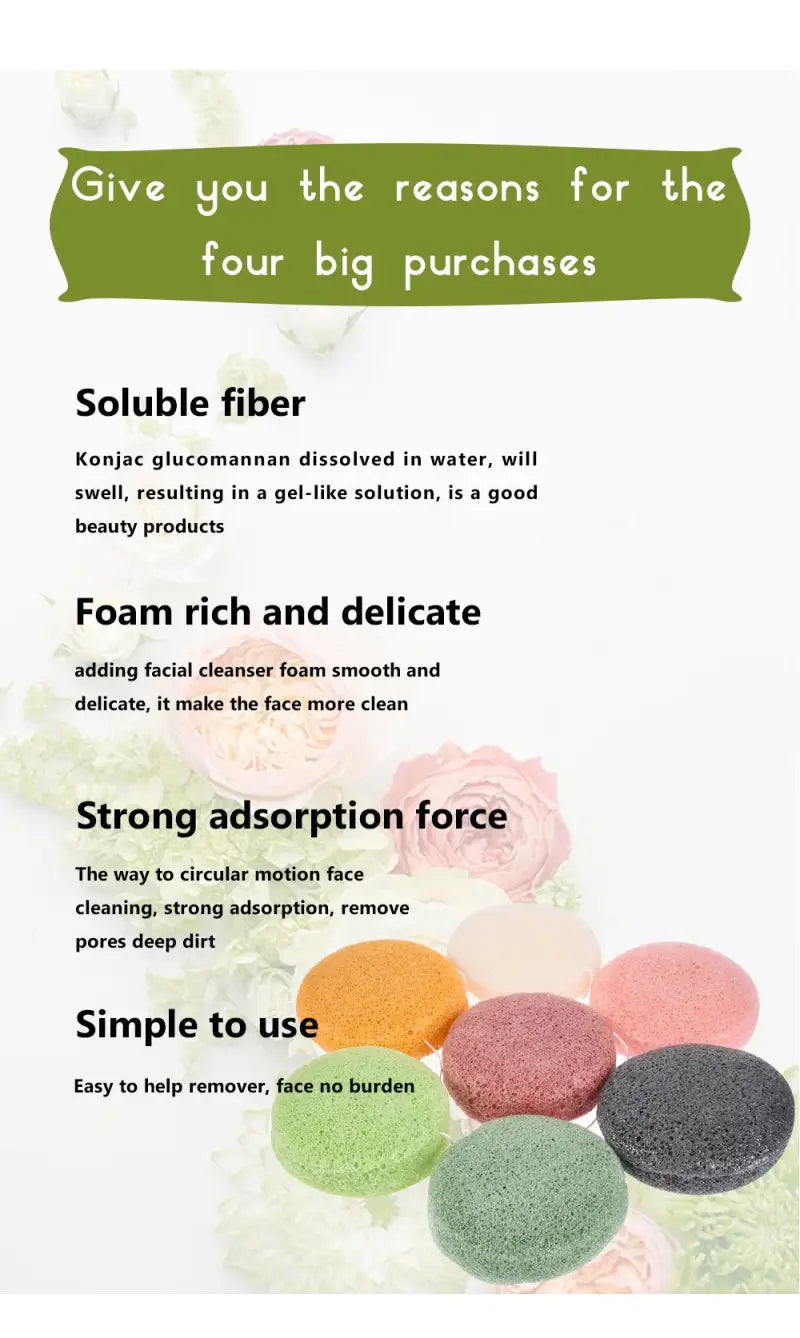 a set of colorful natural round shap konjac sponge face cleaning puffs in orange pink green and black with textured round shap surfaces for gentle facial cleansing