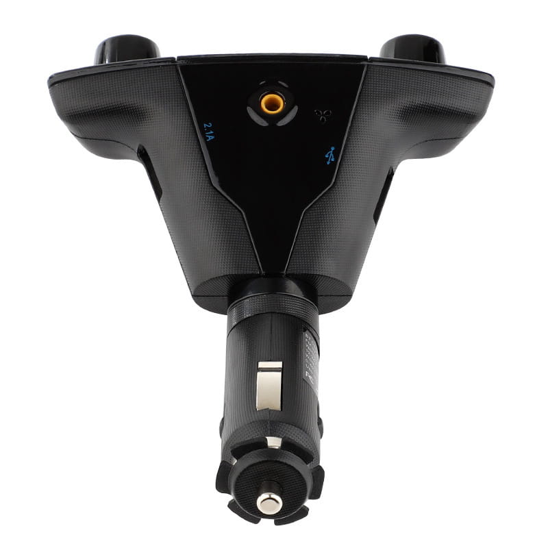 Black Bluetooth car mp3 player with sleek ergonomic design, two adjustable knobs, integrated 3.5mm audio jack, and LED accent rings for bluetooth connectivity.