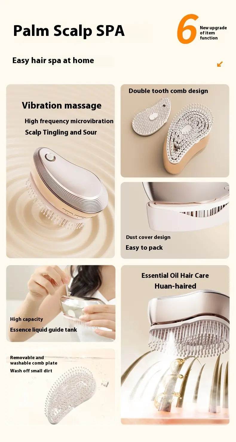 Silver and beige palm scalp spa device with a double tooth comb design for vibration massage in an electric spray massage comb hair care spray.