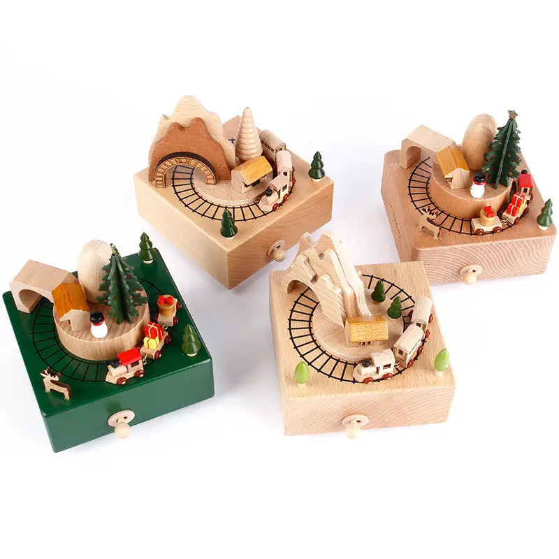 wooden christmas train toy music box featuring diy dancing music with colorful toy trains on tracks and miniature scenic landscapes