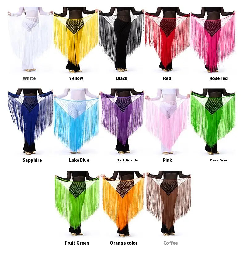 a vibrant argentina style triangular binder shawl hip scarf featuring a sheer mesh material with a central black netted panel and long flowing tassels.