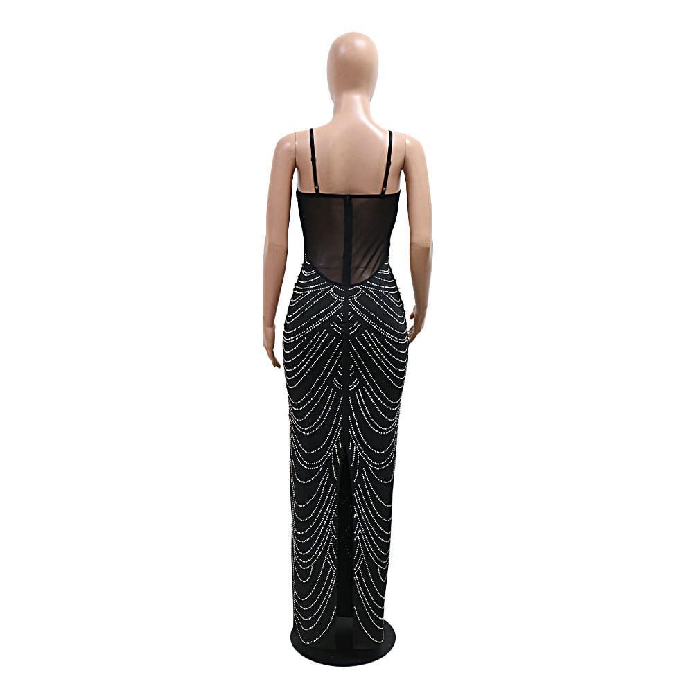 black evening gown with sheer back featuring intricate white hot drilling beaded patterns cascading down the skirt in a sling hot drilling geometric beaded evening dress style