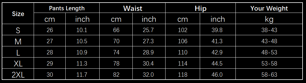 size chart for light blue summer sports shorts with zipper pockets breathable showing measurements in cm and inch along with corresponding weight ranges.