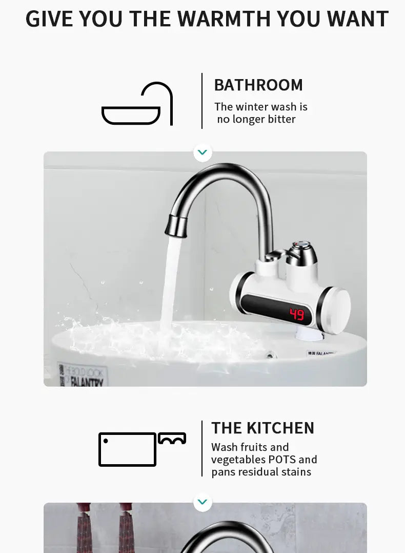 White and chrome kitchen electric water heater with digital display showing 49 degrees mounted on a bathroom sink.