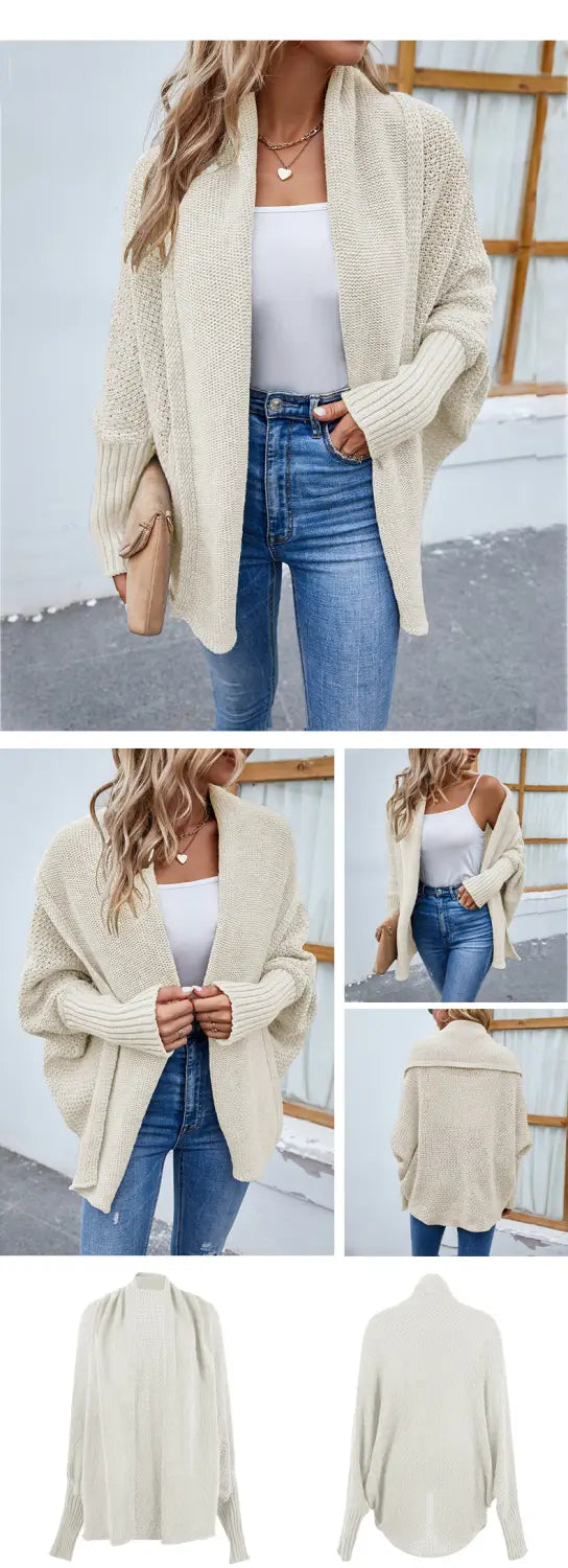 Cream-colored loose knitted sweater with a draped front and long sleeves solid color cardigan ideal for layering.
