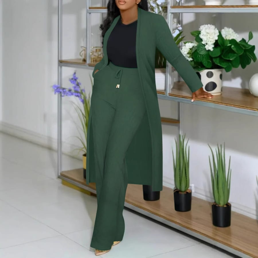 a sleek dark green long cardigan sunken stripe set featuring a longline coat paired with matching sunken stripe wide leg pants